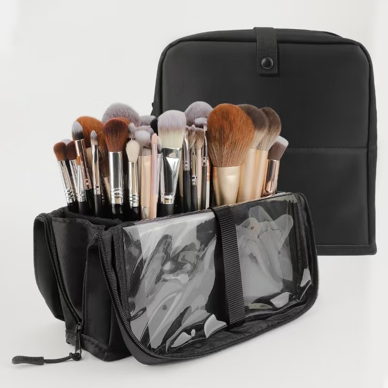 Beauty Makeup Organizer - 大きな黒い折りたたみ式メイクアップバッグ、14～40穴収納オーガナイザー、美容ブラシ用コスメポーチ、ハンドル付き