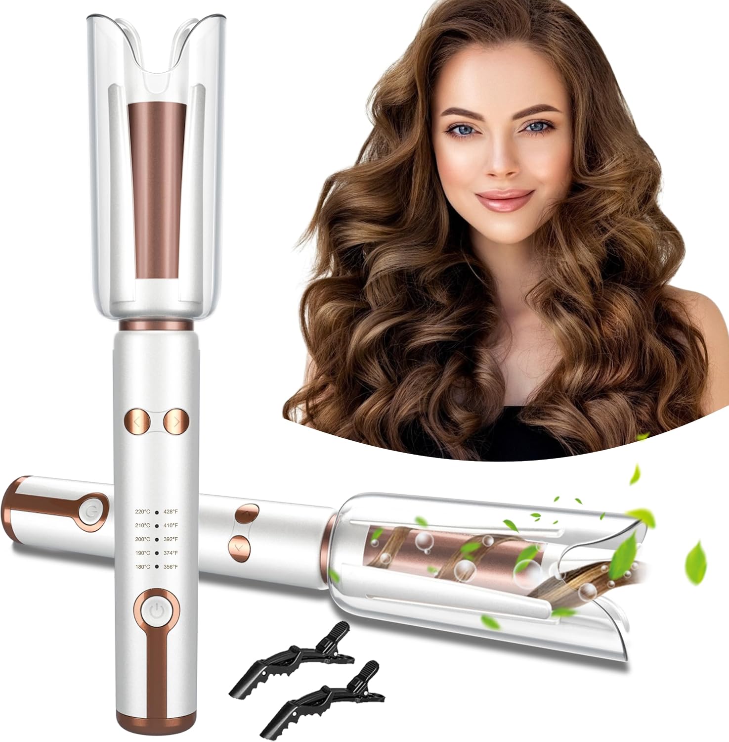 Hair Curling Wand - 自動回転カーリングアイロン-ビーチウェーブカーリングワンド、ボリュームアップ、ポータブルヘアカーラー、5億イオン、デュアル電圧＆軽量で旅行に最適、セラミックコーティング、1インチ、ホワイト