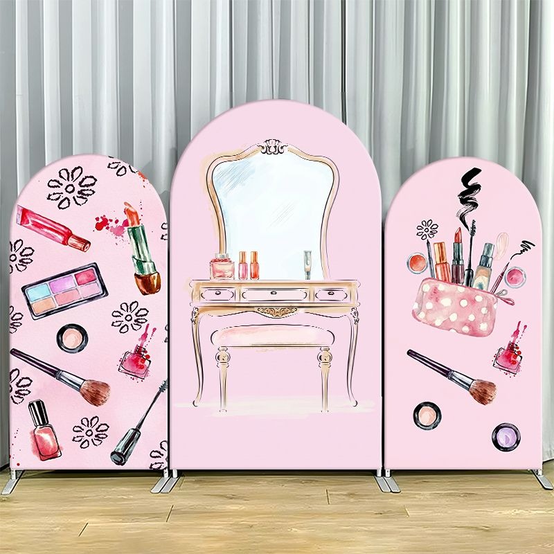 Beauty Makeup Events - 片面アーチ型背景幕カバー エレガントなピンクのビューティーテーマパーティー背景幕 ヴィンテージ風ドレッシングテーブルミラーとメイク道具付き