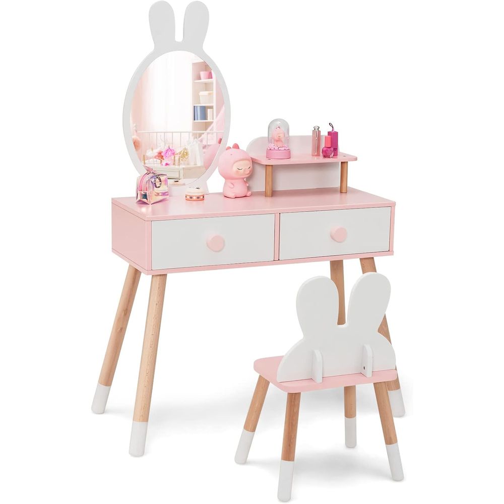 Beauty Makeup Set For Kids - EYキッズバニティ、ウサギをテーマにした幼児用木製化粧台と椅子セット、2つの大きな引き出し付き、木製脚、プリンセスドレッシングビューティーテーブル、G