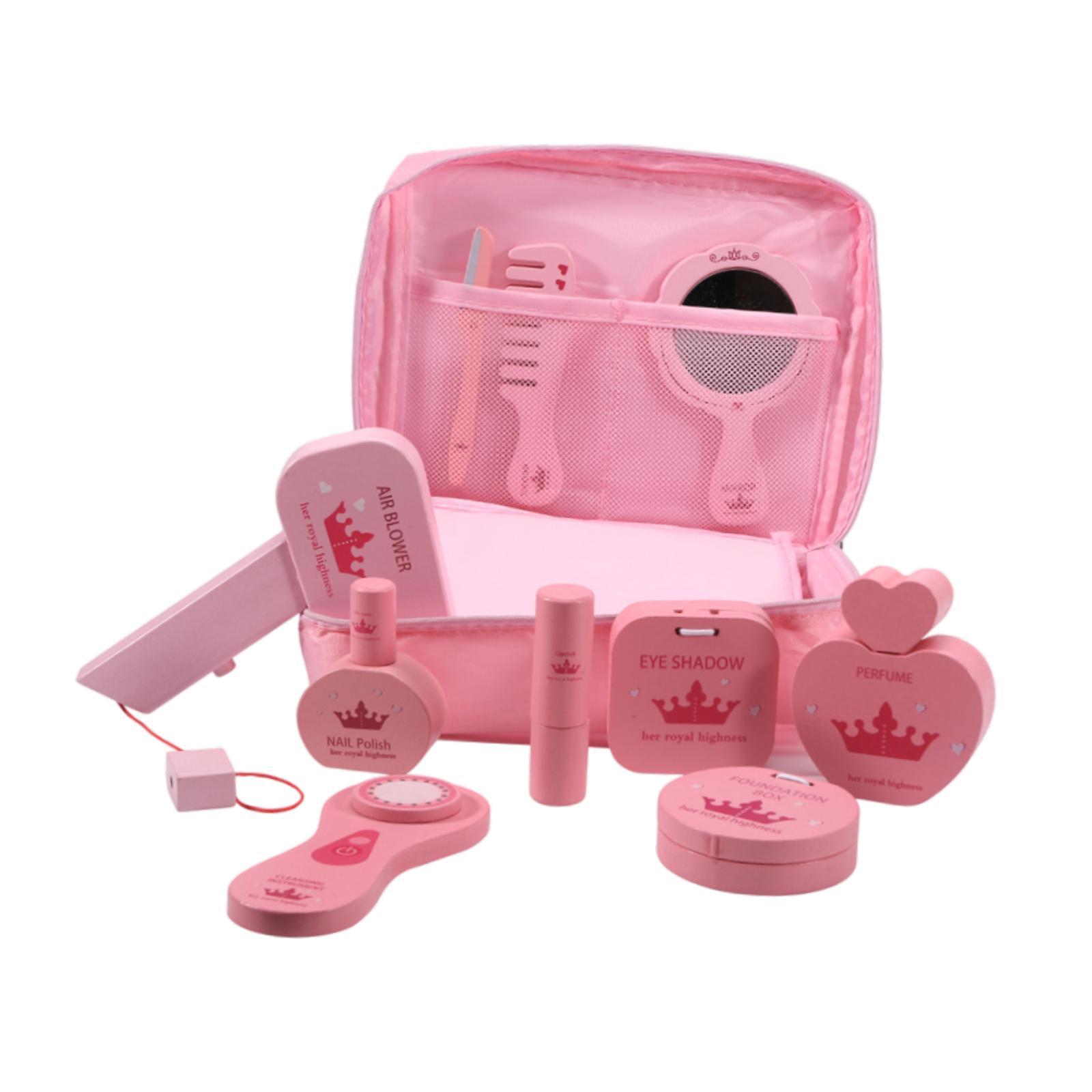 Beauty Makeup Set For Kids - 10個入りごっこ遊びメイクアップキット木製ビューティーサロンおもちゃセット収納バッグ付き、微細運動能力向上、おしゃれなプリンセスドレスアップ、小さな女の子向け