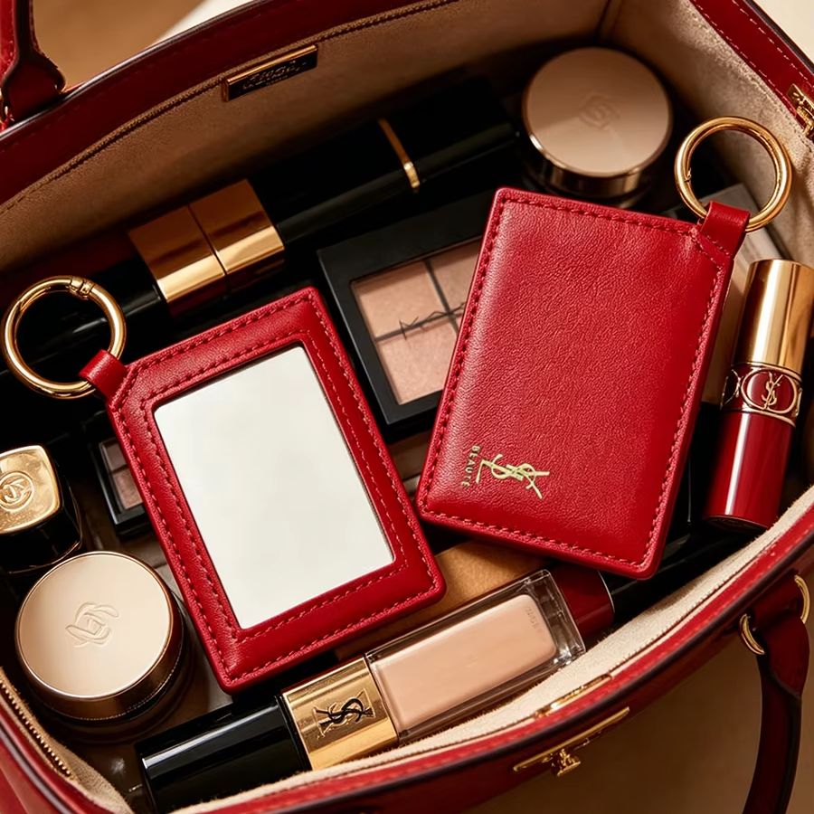 Ysl Beauty Makeup - YSL レッドレザー スクエアミニポケットタッチアップメイクアップミラー メタルキーリング付き 女性向け高級ギフト
