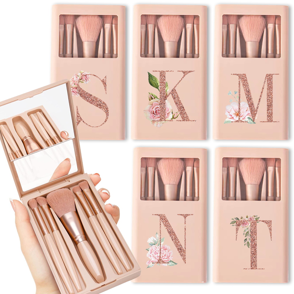 Beauty Makeup Organizer - 5 個の化粧ブラシキットミラーとケース付き折りたたみボックス収納化粧ブラシセットポータブル美容ツールローズゴールド文字パターン