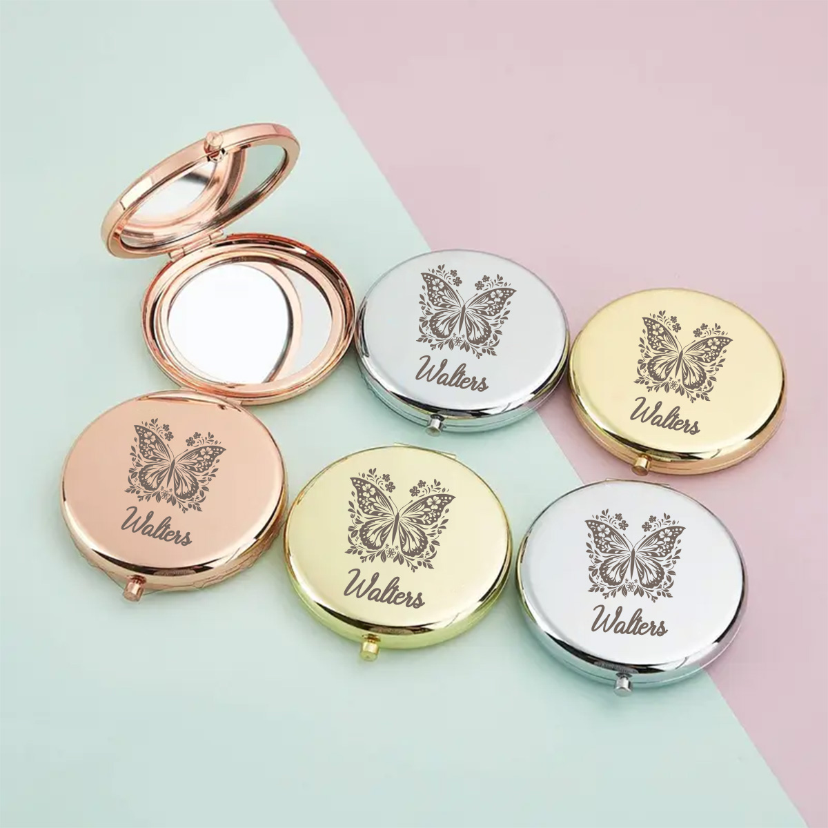 Beauty Y Makeup - 1pc クリエイティブ美しい蝶カスタマイズされた名前付きミラー名前付き化粧鏡折りたたみミラー記念日ギフト