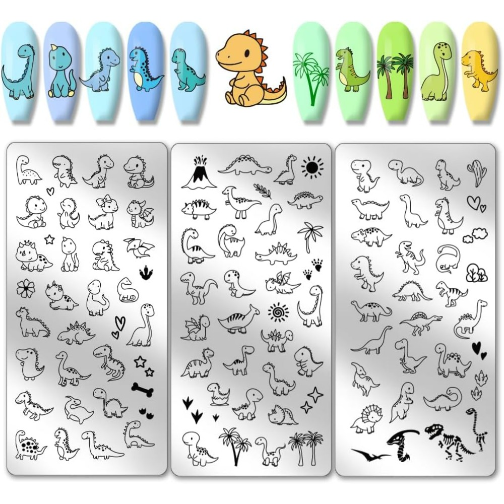 Nail Art Stamping Kit - 3 個恐竜ネイルスタンピングプレートかわいい小さな恐竜ネイルアートテンプレート愛太陽植物ステンシルステンレス鋼イメージプレート