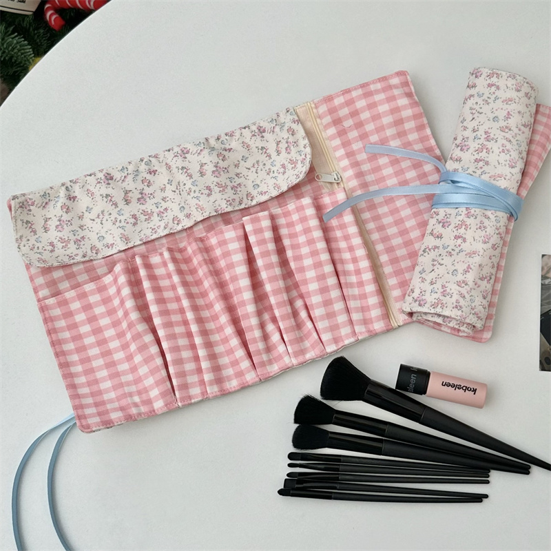 花柄チェック柄生地のメイクブラシ収納バッグ 多ポケットジッパ - Beauty Makeup Organizer のレビューと価格