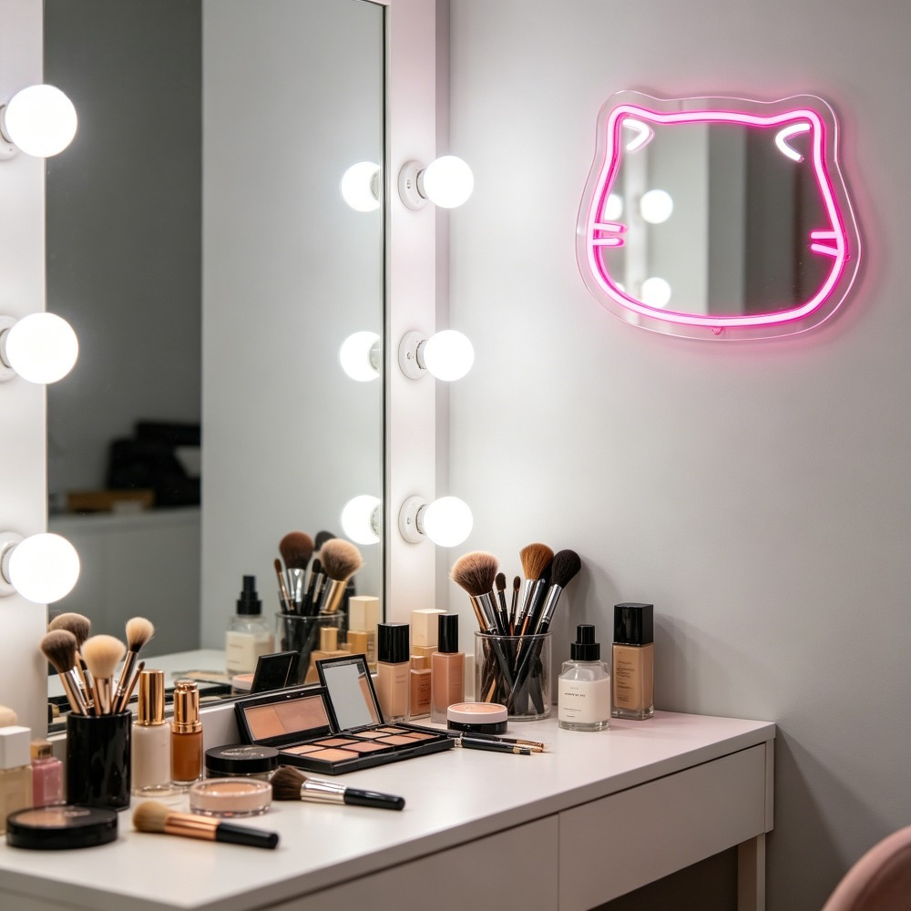 可愛い猫の自撮りネオンサインLED調光USBミラーライト、女 - Beauty Makeup Girl Photo のレビューと価格