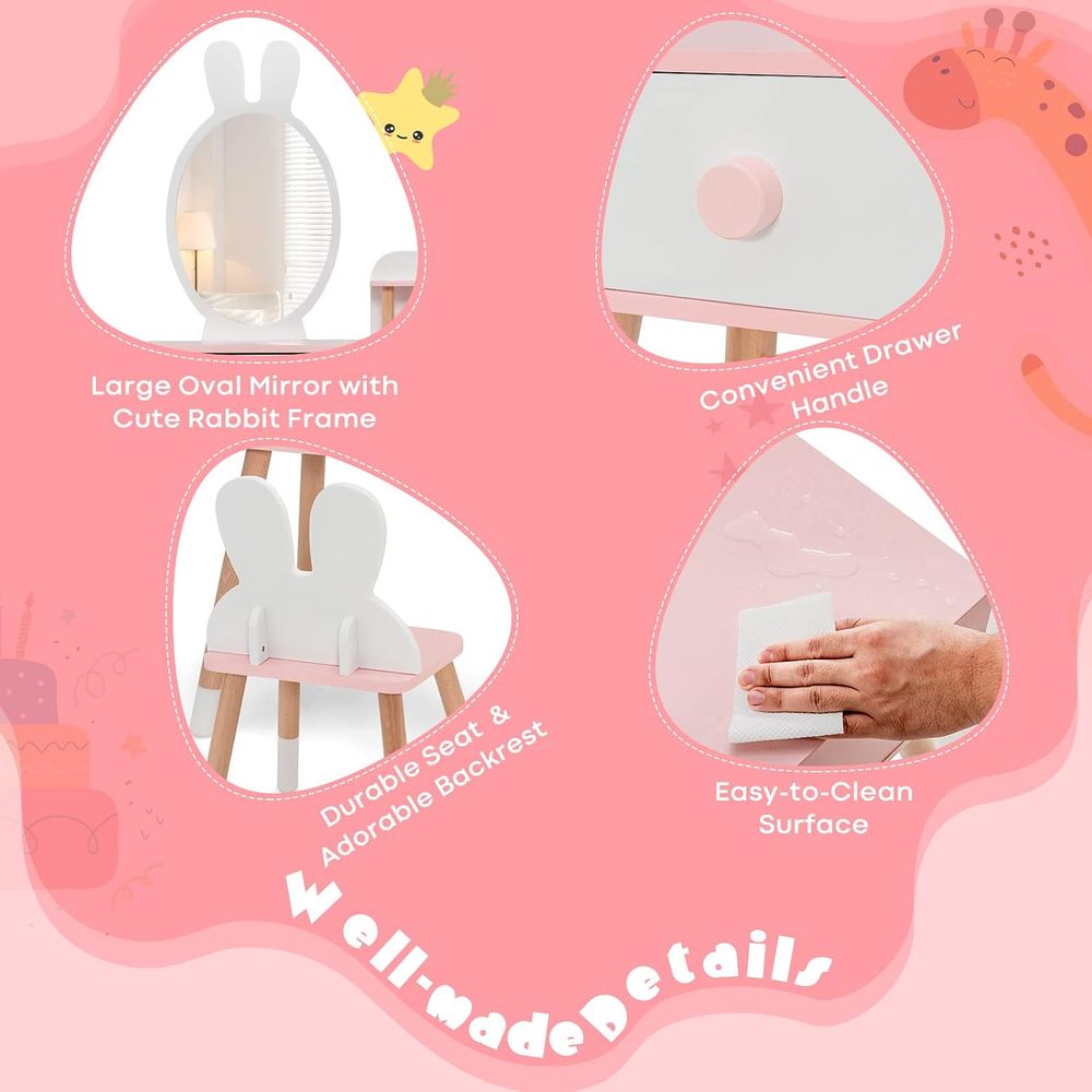 EYキッズバニティ、ウサギをテーマにした幼児用木製化粧台と椅 - Beauty Makeup Set For Kids のレビューと価格
