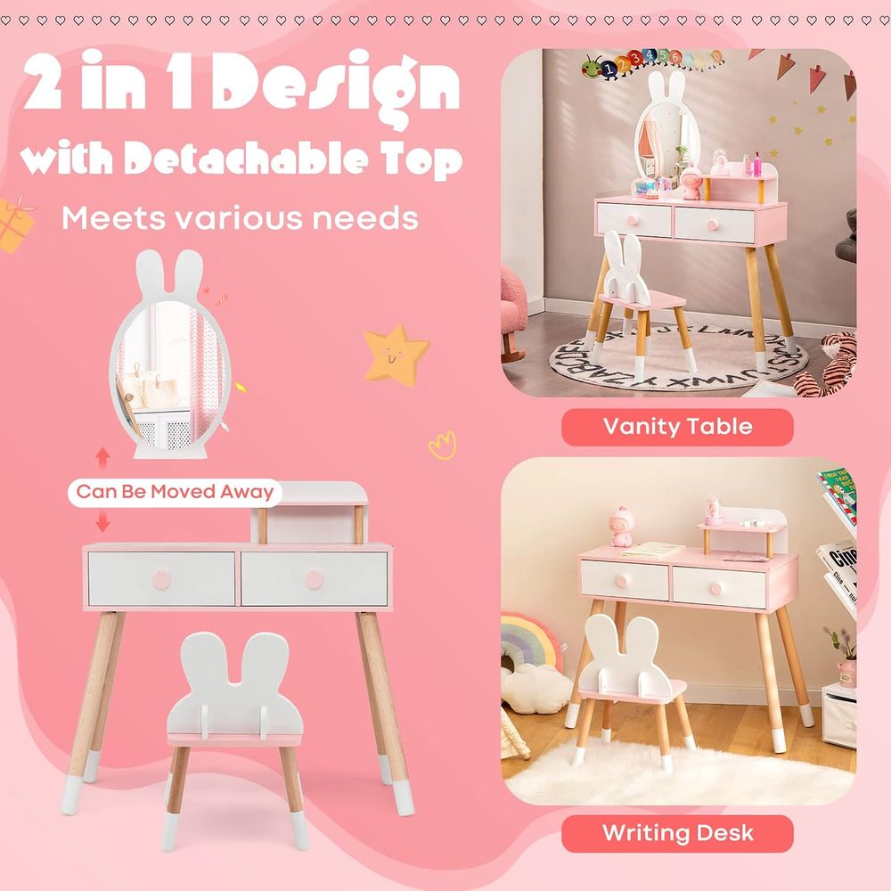 EYキッズバニティ、ウサギをテーマにした幼児用木製化粧台と椅 - Beauty Makeup Set For Kids のレビューと価格